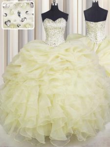 Sweetheart Sleeveless Quinceanera Gowns Floor Length Beading and Ruffles Light Yellow Organza