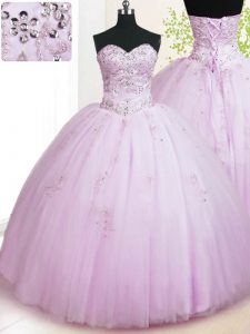 Comfortable Lilac Sleeveless Tulle Lace Up Ball Gown Prom Dress for Military Ball and Sweet 16 and Quinceanera