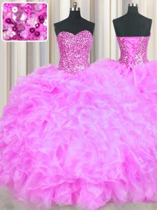 Captivating Lilac Ball Gowns Beading and Ruffles 15 Quinceanera Dress Lace Up Organza Sleeveless Floor Length