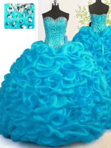 Sweetheart Sleeveless Sweet 16 Dress With Brush Train Beading and Ruffles Aqua Blue Organza