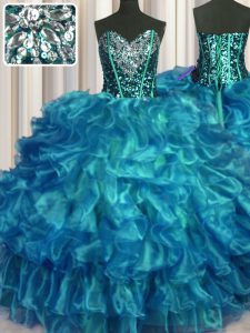 Fashion Ball Gowns Quinceanera Dresses Teal Sweetheart Organza Sleeveless Floor Length Lace Up