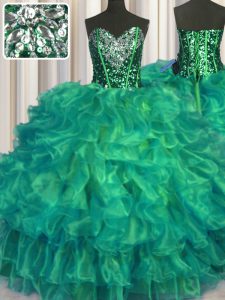 Fashionable Turquoise Ball Gowns Beading and Ruffles 15th Birthday Dress Lace Up Organza Sleeveless Floor Length