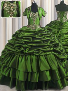 High Quality Green Sleeveless With Train Beading and Appliques and Pick Ups Lace Up 15th Birthday Dress