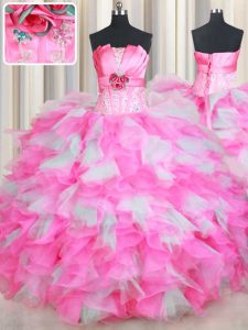 Beading and Ruffles and Hand Made Flower Quinceanera Gowns Pink And White Lace Up Sleeveless Floor Length