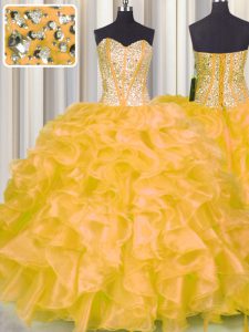 Gold Lace Up Sweetheart Beading and Ruffles Quinceanera Gowns Organza Sleeveless