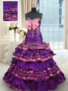 Purple Sleeveless Appliques and Ruffled Layers and Bowknot Lace Up 15 Quinceanera Dress