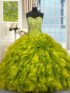 Clearance Olive Green Ball Gowns Organza Sweetheart Sleeveless Beading and Ruffles Lace Up Sweet 16 Dresses Brush Train
