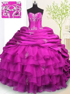 Super Fuchsia Organza and Taffeta Lace Up Strapless Sleeveless With Train Quinceanera Dress Brush Train Beading and Appl