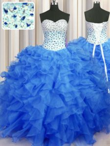 Vintage Blue Lace Up Sweet 16 Dress Beading and Ruffles Sleeveless Floor Length
