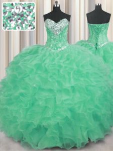 Latest Sleeveless Floor Length Beading and Ruffles Lace Up Sweet 16 Quinceanera Dress with Apple Green