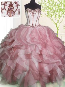 Charming Pink And White Lace Up Quinceanera Dress Ruffles Sleeveless Floor Length