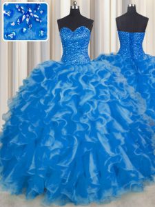 Simple Floor Length Lace Up Quinceanera Gowns Blue for Military Ball and Sweet 16 and Quinceanera with Beading and Ruffl