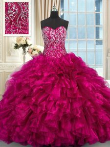 High Quality Sweetheart Sleeveless Organza Vestidos de Quinceanera Beading and Ruffles Brush Train Lace Up