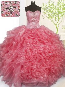 Pick Ups Ball Gowns 15 Quinceanera Dress Rose Pink Sweetheart Organza Sleeveless Floor Length Lace Up