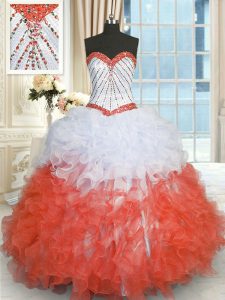 Sleeveless Floor Length Beading and Ruffles Lace Up Quince Ball Gowns with White And Red