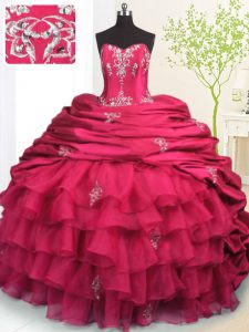 Rose Pink Ball Gowns Beading and Appliques and Ruffled Layers and Pick Ups Sweet 16 Dress Lace Up Organza and Taffeta Sl