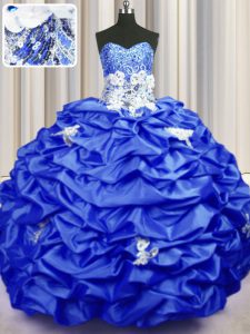 With Train Lace Up Ball Gown Prom Dress Royal Blue for Military Ball and Sweet 16 and Quinceanera with Appliques and Seq