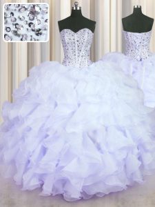 Modern Lavender Ball Gowns Sweetheart Sleeveless Organza Floor Length Lace Up Beading and Ruffles Quinceanera Gowns