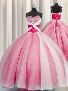 Sequins Ball Gowns Quinceanera Gowns Coral Red Spaghetti Straps Organza Sleeveless Floor Length Lace Up