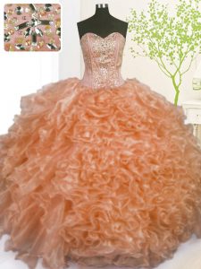 Fashion Orange Organza Lace Up Ball Gown Prom Dress Sleeveless Floor Length Beading and Ruffles and Pick Ups