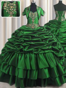 Exquisite With Train Lace Up Vestidos de Quinceanera Dark Green for Military Ball and Sweet 16 and Quinceanera with Bead