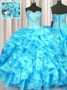 Custom Design Aqua Blue Lace Up Sweet 16 Quinceanera Dress Beading and Ruffles Sleeveless Floor Length