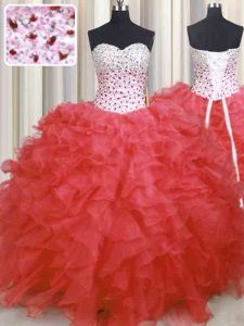 Watermelon Red Ball Gowns Beading and Ruffles Sweet 16 Dresses Lace Up Organza Sleeveless Floor Length