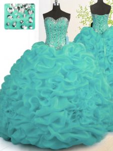 With Train Turquoise Quinceanera Dresses Sweetheart Sleeveless Brush Train Lace Up