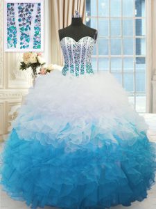 Traditional Floor Length Blue And White 15 Quinceanera Dress Organza Sleeveless Beading and Ruffles
