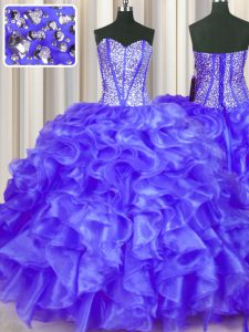 Glorious Beading and Ruffles 15th Birthday Dress Purple Lace Up Sleeveless Floor Length