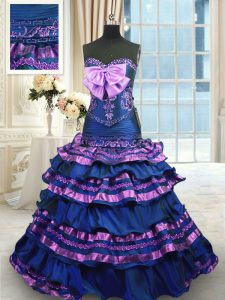 Appliques and Ruffled Layers and Bowknot Sweet 16 Quinceanera Dress Navy Blue Lace Up Sleeveless Brush Train