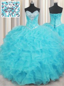 Adorable Floor Length Lace Up Quinceanera Gown Aqua Blue for Military Ball and Sweet 16 and Quinceanera with Beading and
