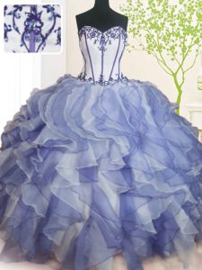Blue And White Ball Gowns Beading and Ruffles Sweet 16 Quinceanera Dress Lace Up Organza Sleeveless Floor Length