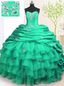 Organza and Taffeta Sleeveless With Train Quince Ball Gowns Brush Train and Beading and Appliques and Ruffled Layers and