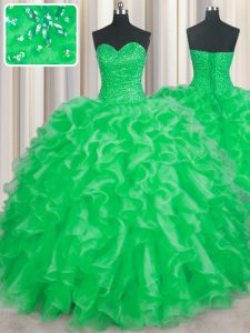 Fashion Green Lace Up Sweetheart Beading and Ruffles Quinceanera Gowns Organza Sleeveless