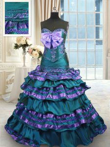 Ruffled Layers A-line Sleeveless Peacock Green Quince Ball Gowns Sweep Train Lace Up