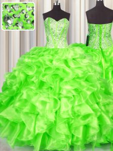 Ball Gowns Beading and Ruffles 15th Birthday Dress Lace Up Organza Sleeveless Floor Length