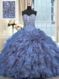 Shining Blue Lace Up Sweet 16 Dresses Beading and Ruffles Sleeveless Brush Train