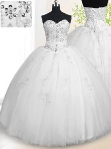 White Tulle Lace Up Quinceanera Dresses Sleeveless Floor Length Beading and Appliques