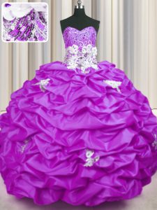 New Style With Train Lilac 15 Quinceanera Dress Taffeta Brush Train Sleeveless Appliques and Sequins and Pick Ups