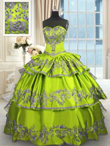 Spectacular Yellow Green Lace Up Sweetheart Embroidery and Ruffled Layers Sweet 16 Dress Taffeta Sleeveless