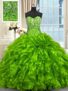Ball Gowns Organza Sweetheart Sleeveless Beading and Ruffles Lace Up Quinceanera Dress Brush Train