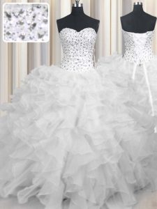 Floor Length Lace Up Sweet 16 Quinceanera Dress White for Military Ball and Sweet 16 and Quinceanera with Beading and Ru