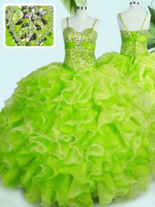 New Arrival Yellow Green Ball Gowns Organza Spaghetti Straps Sleeveless Beading and Ruffles Floor Length Lace Up Sweet 1