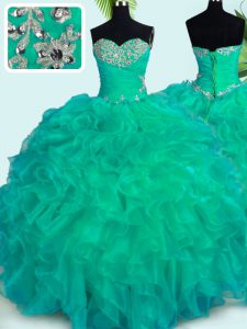 Turquoise Organza Lace Up Sweetheart Sleeveless Floor Length Sweet 16 Quinceanera Dress Beading and Ruffles