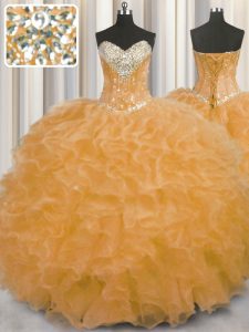Orange Organza Lace Up Sweetheart Sleeveless Floor Length Sweet 16 Dress Beading and Ruffles