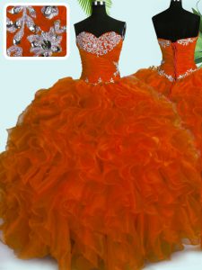 Top Selling Rust Red Sleeveless Organza Lace Up Quinceanera Dress for Military Ball and Sweet 16 and Quinceanera