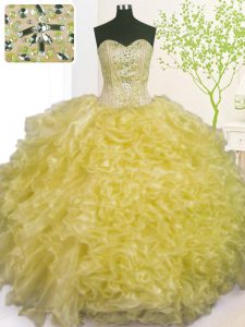 Light Yellow Ball Gowns Beading and Ruffles and Pick Ups 15th Birthday Dress Lace Up Organza Sleeveless Floor Length
