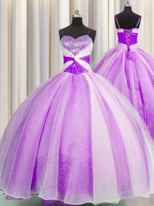Custom Designed Spaghetti Straps Sleeveless Floor Length Beading and Sequins and Ruching Lace Up Sweet 16 Dress with Lil