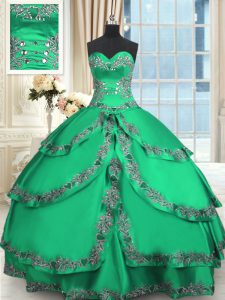 Customized Turquoise Ball Gowns Sweetheart Sleeveless Taffeta Floor Length Lace Up Beading and Embroidery and Ruffled La